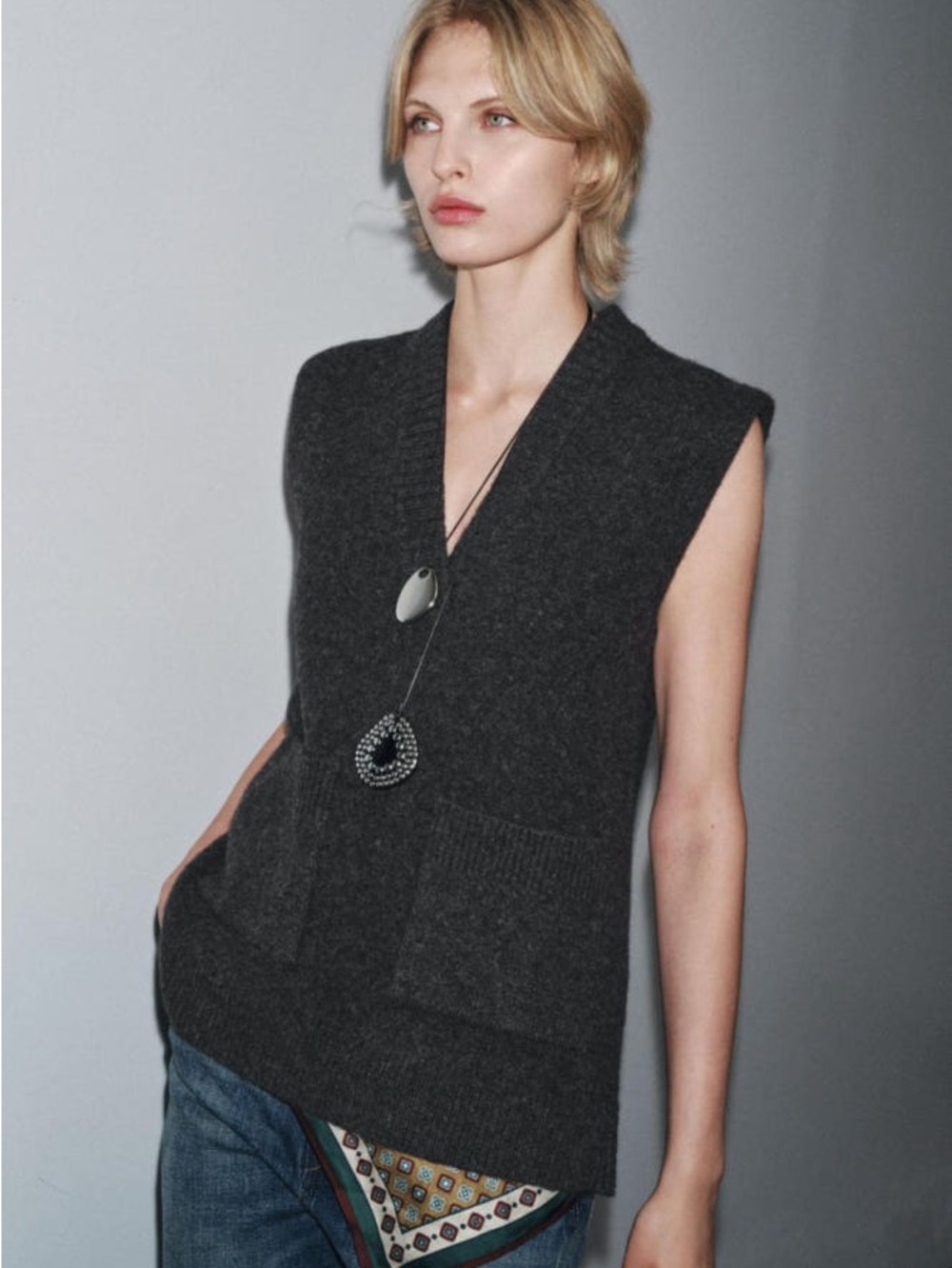 Zara Charcoal Sleeveless V-Neck Knit Vest